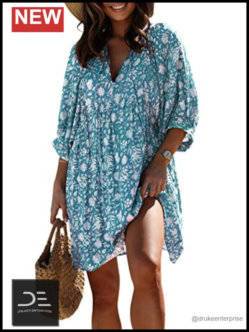 V Neck Half Sleeve Bohemian Floral Mini Tunic Dress
